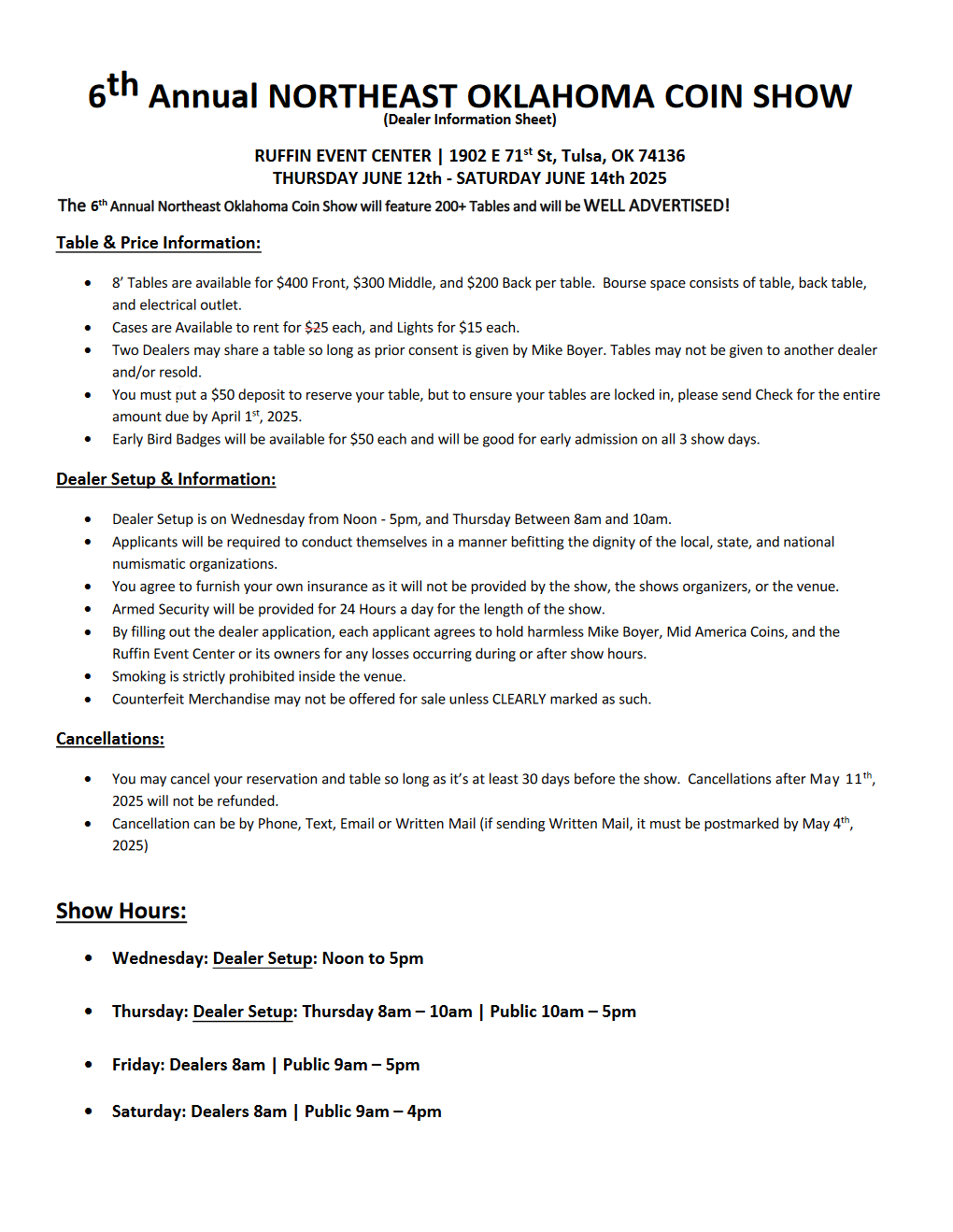 2025 Dealer Information Tulsa, OK, Coin Show